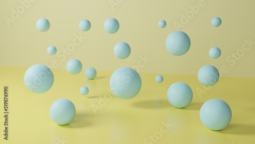 Composition with blue spheres in different sizes on pastel yellow background.  3D render illustration
