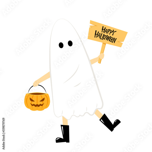 Man or gril wearing white spirits disguised as ghosts in the Halloween festivities. character design vector illustration. Cute ghost cartoon.