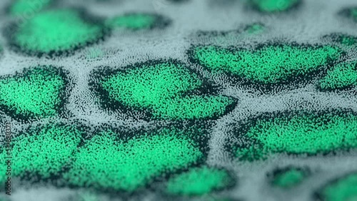 Motion graphics of the spread of the virus and its particles. Animation of spreading of macro particles and granules of substance and mixing of colors.