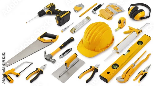 Construction work tools for building. Yellow hard hat with work equipment isolated on white background. Layout for home service repair concept or hardware store showcase banner.Top view set of objects