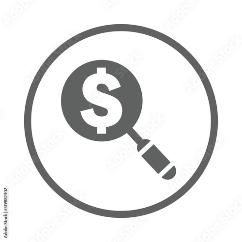 Dollar, search icon. Gray vector design.