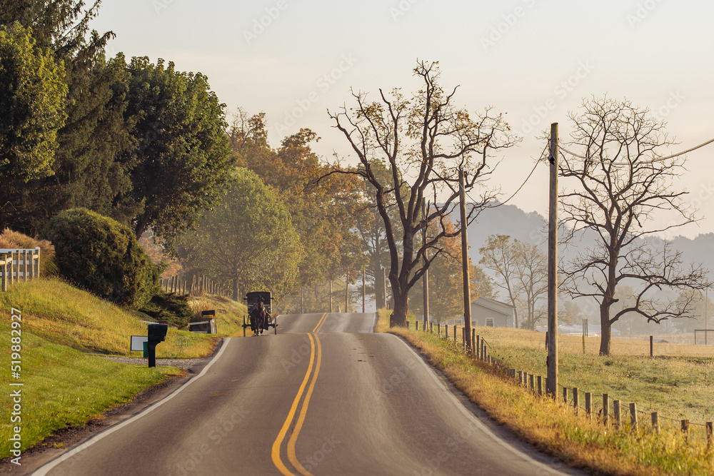 Amish horse and buggy on a winding country road through the fall countryside of Holmes County, Ohio Amish horse and buggy on a winding country road through the fall countryside of Holmes County, Ohio