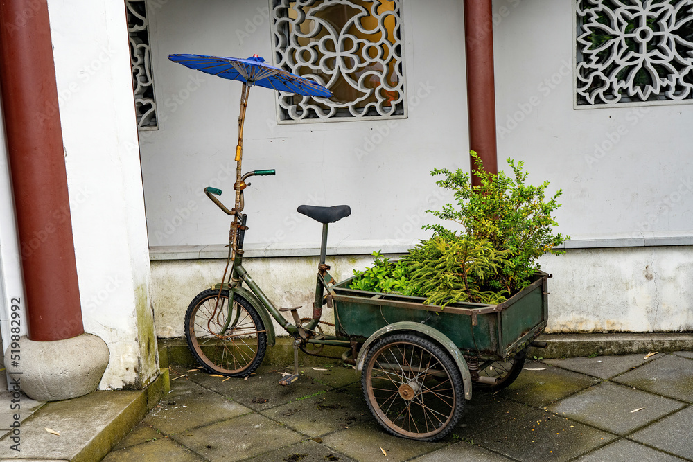 A bicycle with umbrella converted to a gardening aid (tractor) in a chinese garden in Chinatown in Downtown Vancouver, BC, British Columbia, Canada
