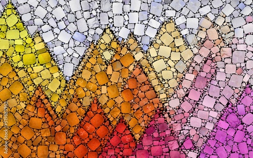 Digital painterly and colorful render of abstract geometric mosaic  tiles patterns with gradient shapes in acrylic paint and canvas