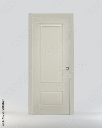 White classic interior door with rectangles on a gray background. Front view. Ral 9010.