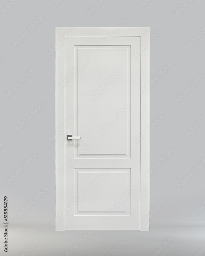 White classic interior door with rectangles on a gray background. Front view. Ral 9010. White classic interior door with rectangles on a gray background. Front view. Ral 9010.