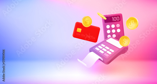 Shopping concept with coins, terminal ans calculator. 3d vector banner