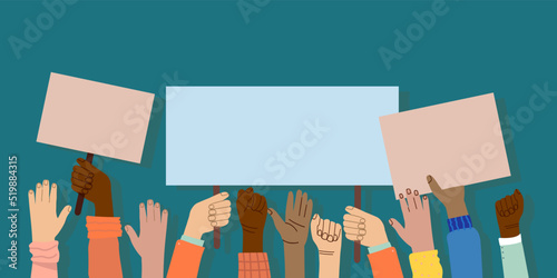 A crowd of people of different nationalities and at a protest. Hands holding empty template of placards and banners. Street demonstration and standing up for their rights. flat vector