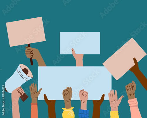 A crowd of people of different nationalities and at a protest. Hands holding empty templates of banners and a mouthpiece. Street demonstration and standing up for their rights. flat vector