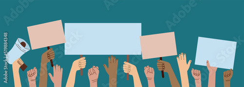 A crowd of people of different nationalities and at a protest. Hands holding empty templates of banners and a mouthpiece. Street demonstration and standing up for their rights. flat vector