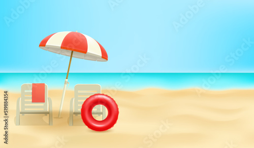 Beach landcape with chairs and umbrella on a beach. 3d vector illustration