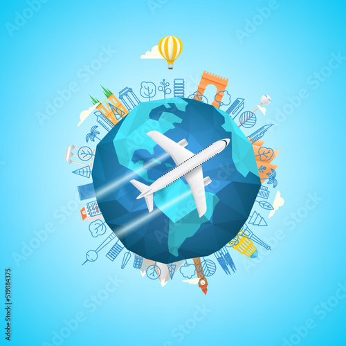 Travel around the world concept with airplane. 3d vector illustration