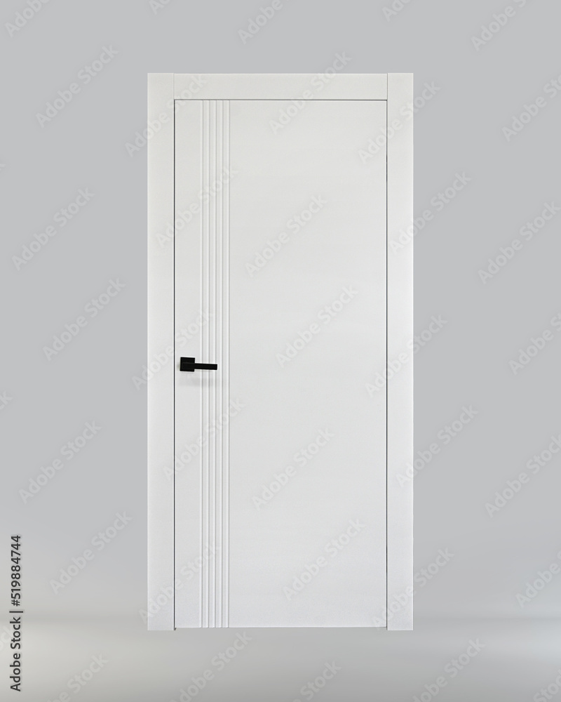White interior door with vertical chamfers 5 lines with black fittings on a gray background. Front view. Ral 9010 White interior door with vertical chamfers 5 lines with black fittings on a gray background. Front view. Ral 9010