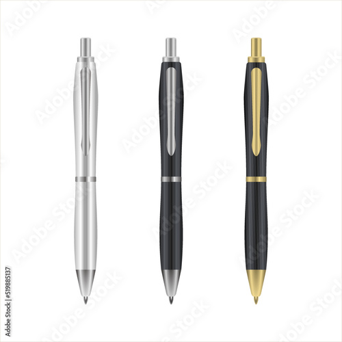 Black, silver and gold metal ballpoint pens isolated on white background, vector illustration. School supplies