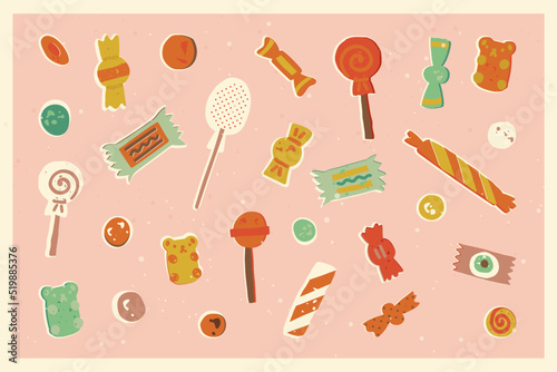 Cute sweets vector set. Retro postcard, banner, poster design. Various candies, candy canes, lollipops, and bonbon.