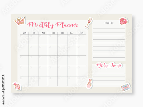 Monthly planning template with girly pink and golden icon stickers. Blank monthly planner with notes in pastel colors. Simple stylish organizer design. Vector illustration