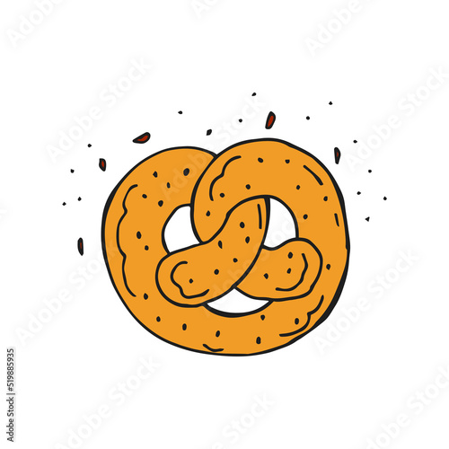 Oktoberfest 2022 - Beer Festival. Hand-drawn Doodle brezel with sesame seeds on a white background. German Traditional holiday.