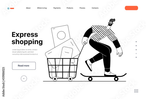 Express shopping -Online shopping, electronic commerce web template -modern flat vector concept illustration, man on skateboard with shopping basket. Promotion, discounts, sale, online orders concept
