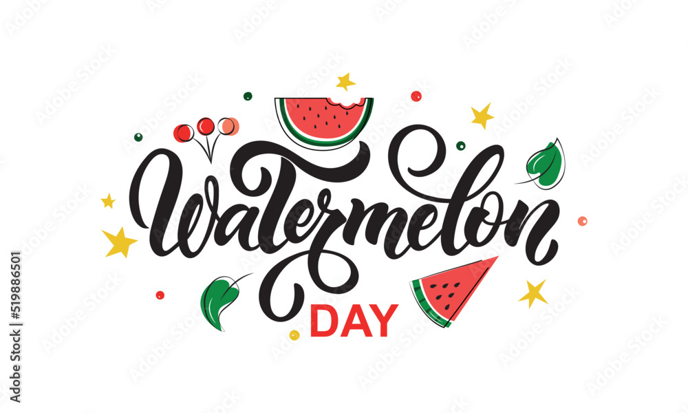 Naklejka premium National Watermelon Day handwritten text. Modern brush calligraphy, hand lettering typography. Funny American holiday celebrate on August 3. Vector illustration for poster, sticker, banner, card