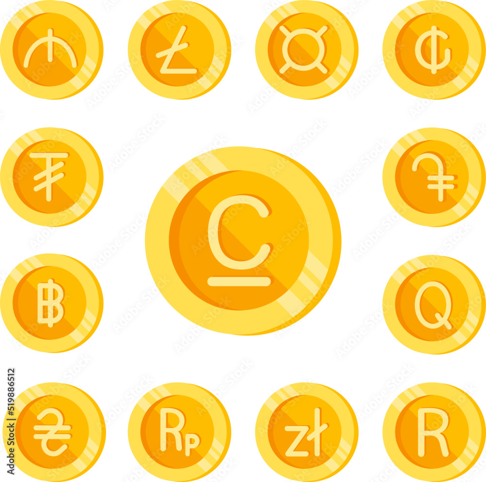 Som, coin, money color icon in a collection with other items Som, coin, money color icon in a collection with other items