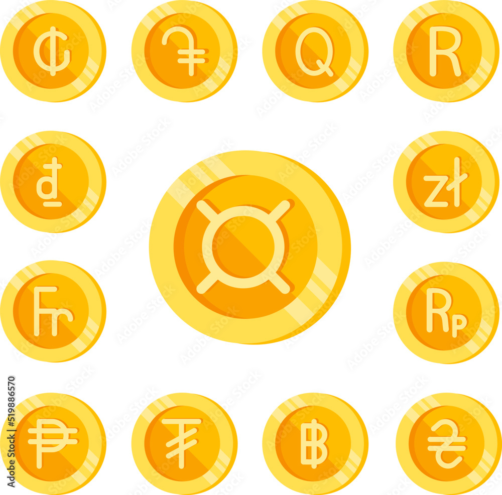 Generic, coin, money color icon in a collection with other items Generic, coin, money color icon in a collection with other items