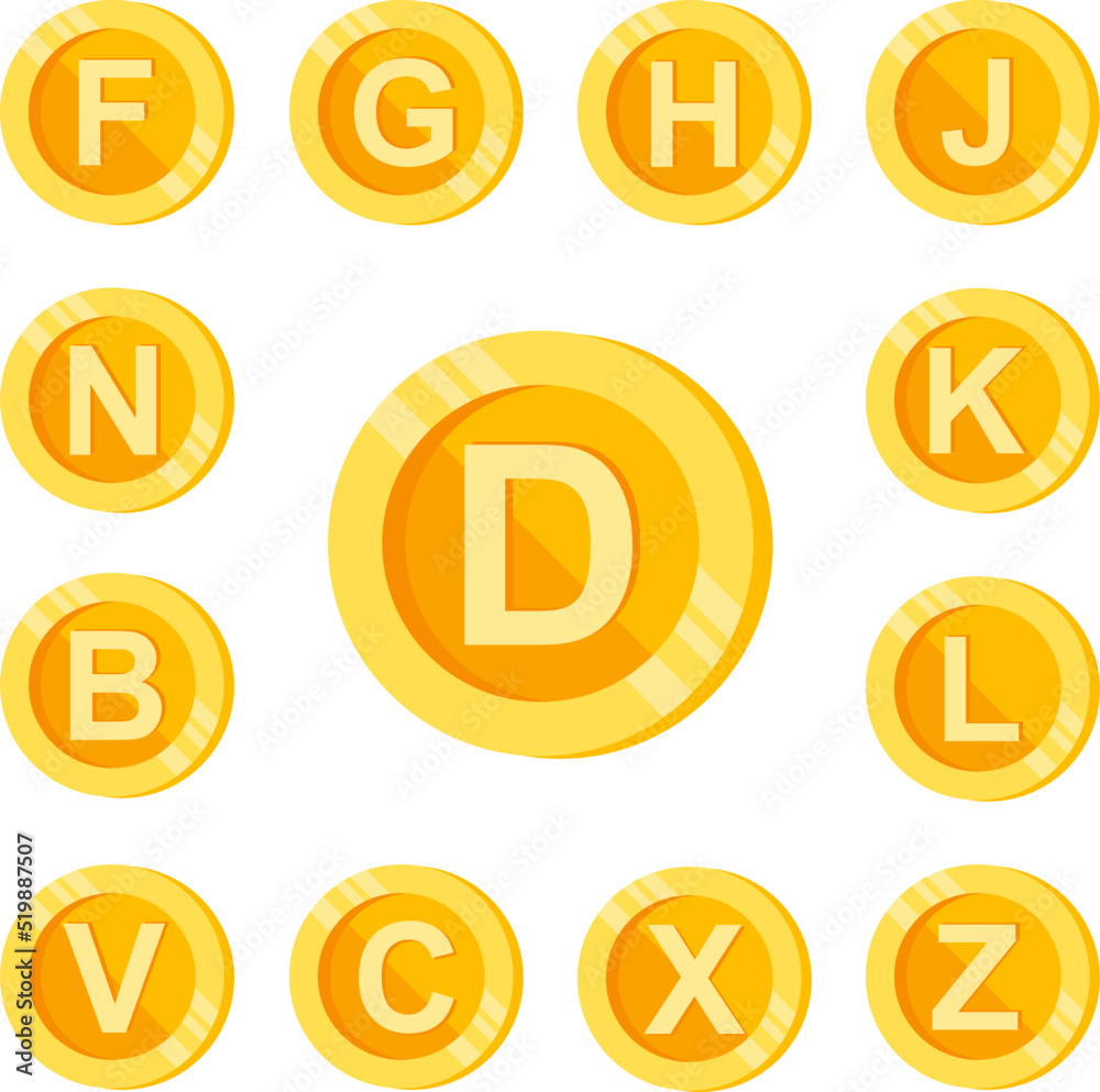D, letter, coin color icon in a collection with other items