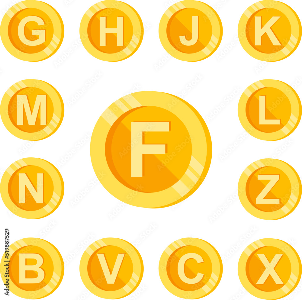 F, letter, coin color icon in a collection with other items F, letter, coin color icon in a collection with other items