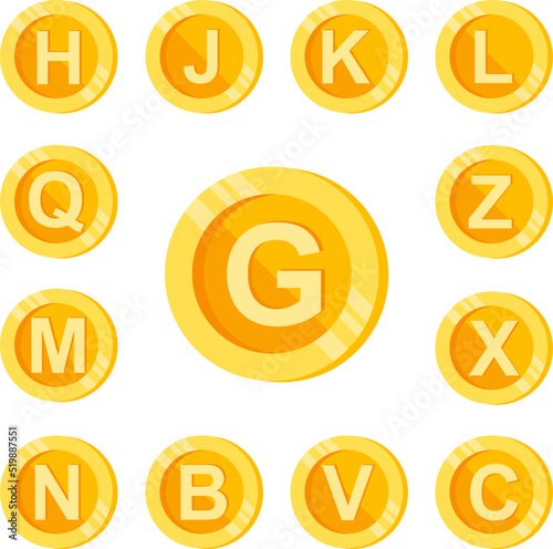 G, letter, coin color icon in a collection with other items