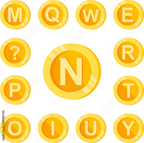 N, letter, coin color icon in a collection with other items