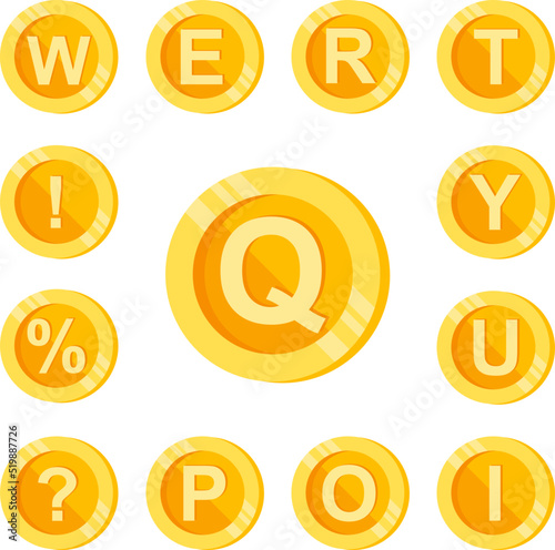 Q, letter, coin color icon in a collection with other items