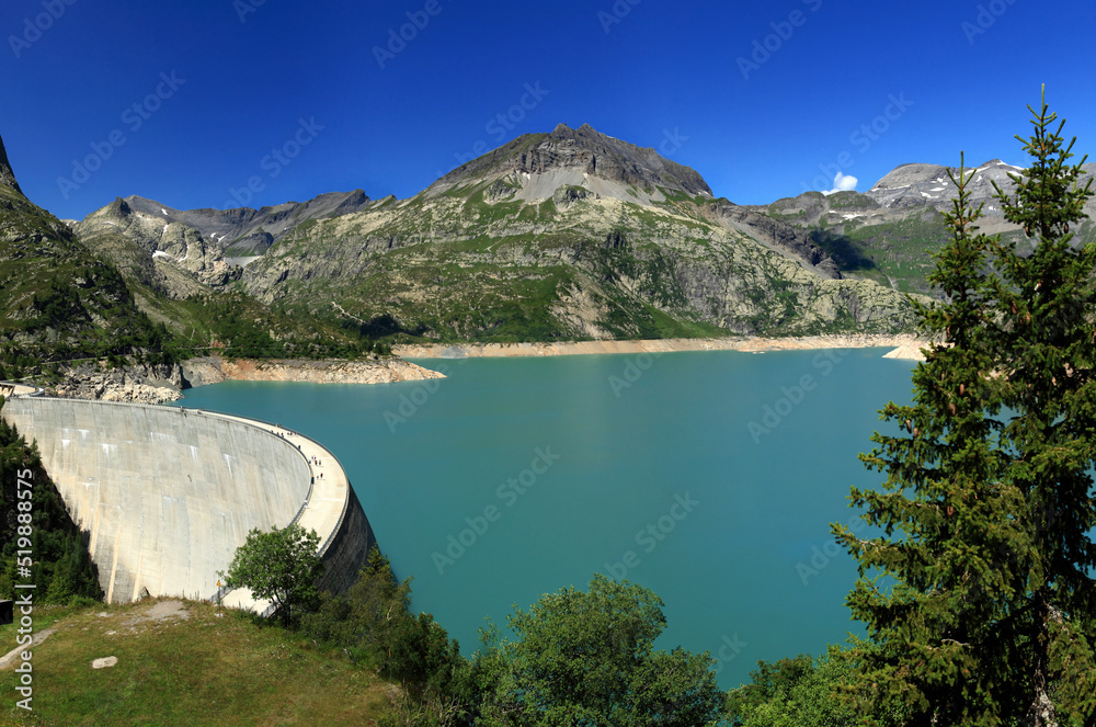 Panoramic view of Mountain lake Emosson with Dam, Valais, Switzerland, Swiss Alps, Barrage d'Emosson.
