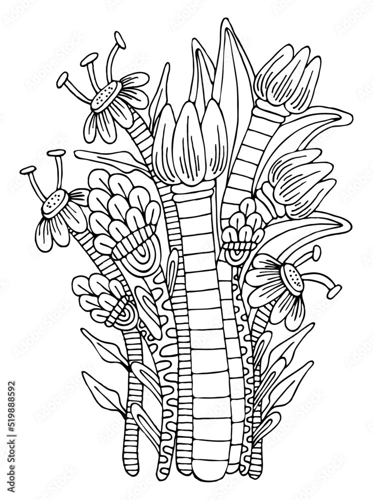 Coloring page bouquet of flowers thin line art. Floral pattern of