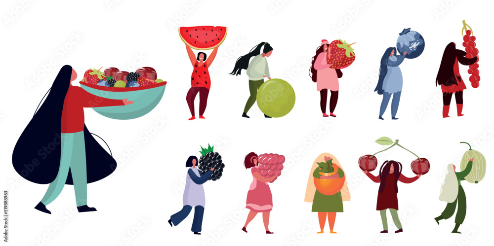 Set of women with many different berries on white background