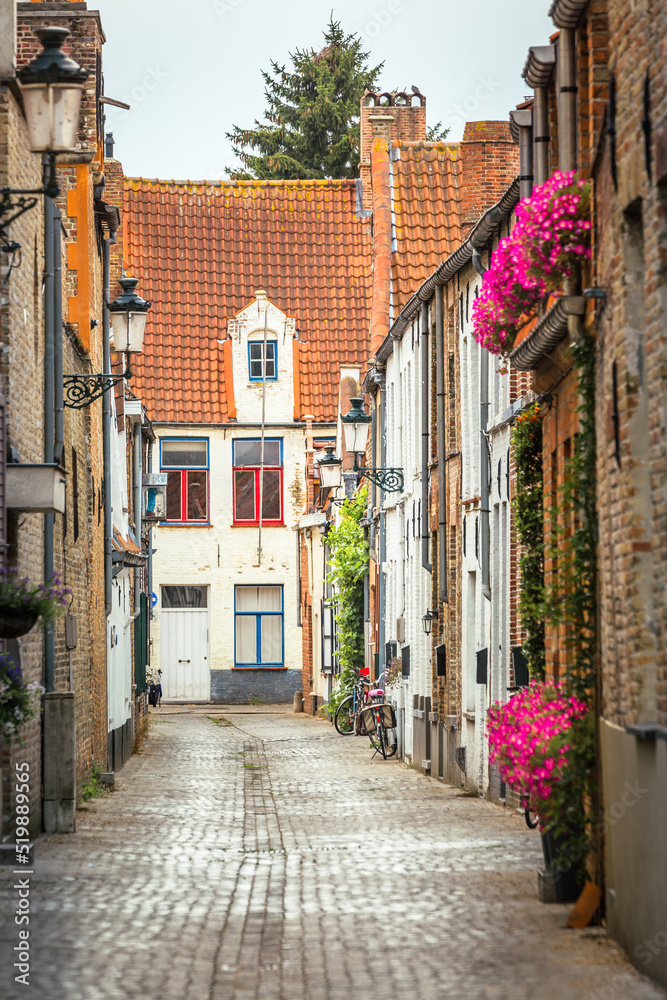 Street corner in beautiful Bruges, flemish architecture, Belgium