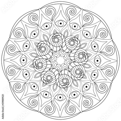 Colouring page, hand drawn, vector. Mandala 60, ethnic, swirl pattern, object isolated on white background.
