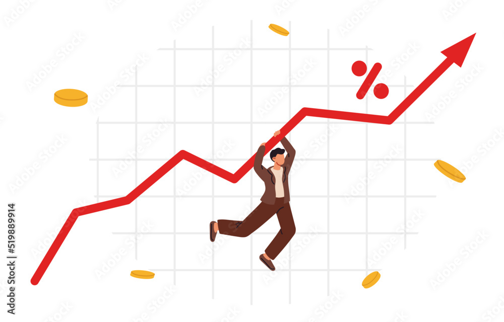 Businessman fall down in graph with inflation high up. Bank rate hike. Economics concept. Economic crisis or consumer price rising up concept. Inflation financial crisis. Flat vector illustration Businessman fall down in graph with inflation high up. Bank rate hike. Economics concept. Economic crisis or consumer price rising up concept. Inflation financial crisis. Flat vector illustration