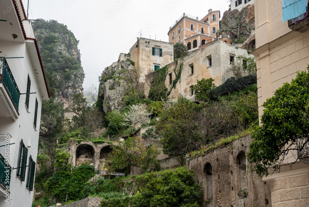 Traditional Italian houses in the town of Atrani at the Amalfi Coast, Southern Italy