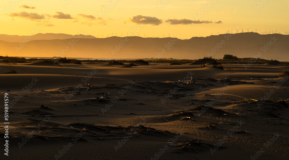 Puesta de sol sobre las dunas del Delta de l'Ebro