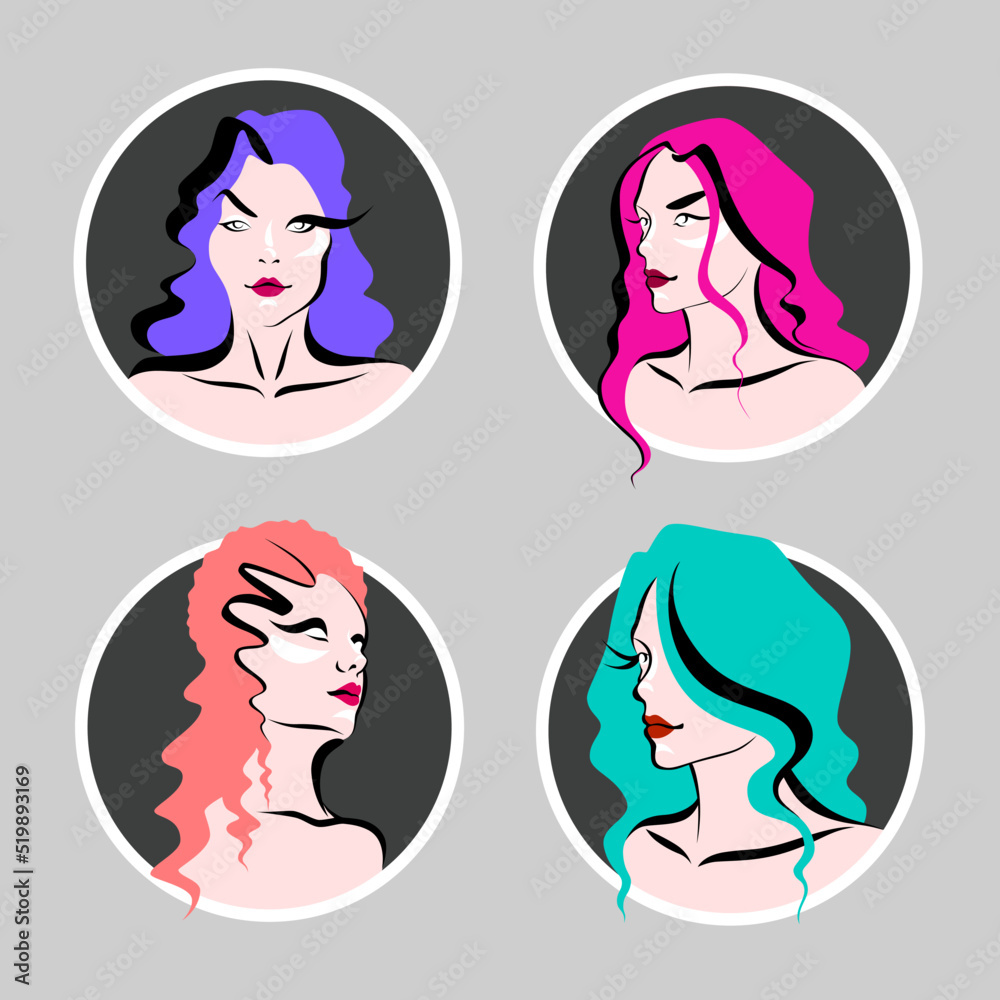 Four beautiful women with colored bright hair as stickers set for fashion design or web design. Sticker pack with pretty girls as print or pattern for website, clothes, signs, application or logotype. Four beautiful women with colored bright hair as stickers set for fashion design or web design. Sticker pack with pretty girls as print or pattern for website, clothes, signs, application or logotype.