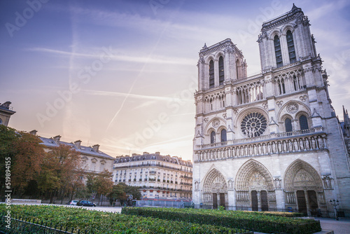 Notre Dame Cathedral of Paris and street lights at dramatic dawn, France