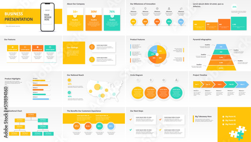 Business Presentation Template with Infographics: 16 slide layouts for check lists, columns, processes, timelines, highlights, org charts, maps, pyramids, bullets, and more