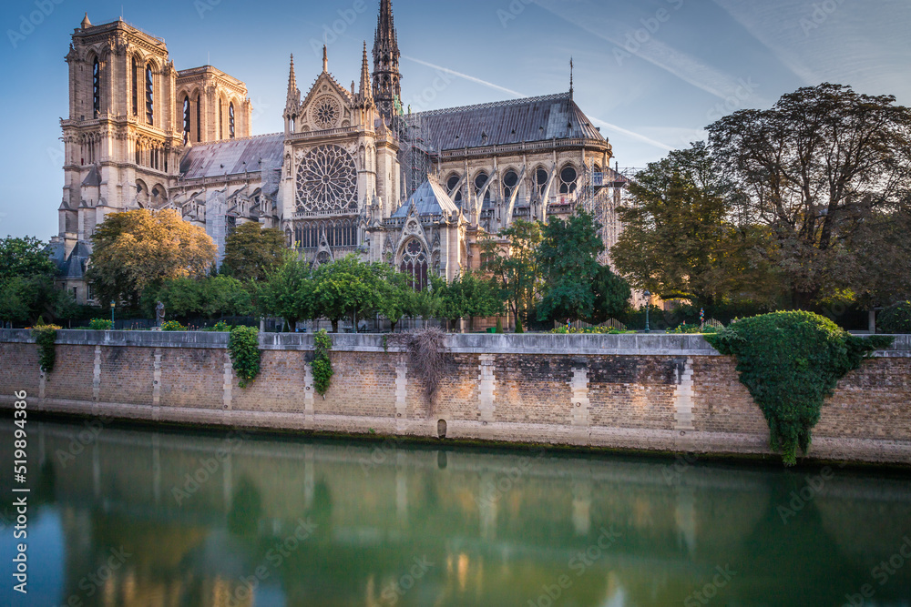 Naklejka premium Notre Dame Cathedral of Paris and Seine river at sunny day, France