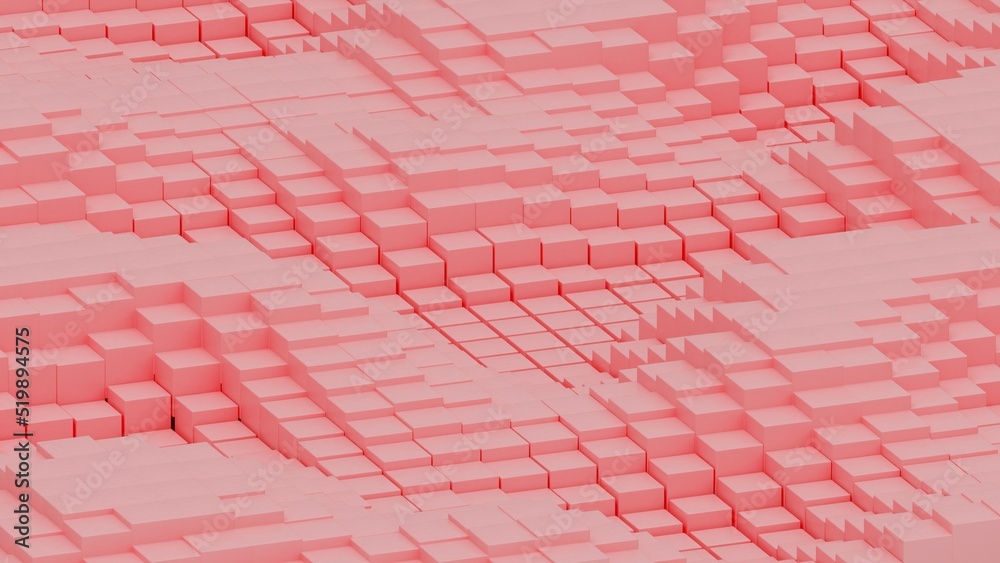 Obraz premium Abstract background with waves made of a lot of pink cubes geometry primitive forms that goes up and down under black-white lighting. 3D illustration. 3D CG. High resolution.