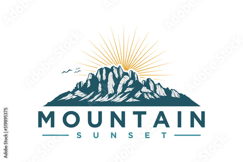 Rocky mountain logo design with sunrise sunset scene park outdoor nature illustration camp taravel hill village