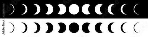 Cycle moon phases flat icon set. Black and white moon phases illustration isolated on background. Vectoe EPS 10