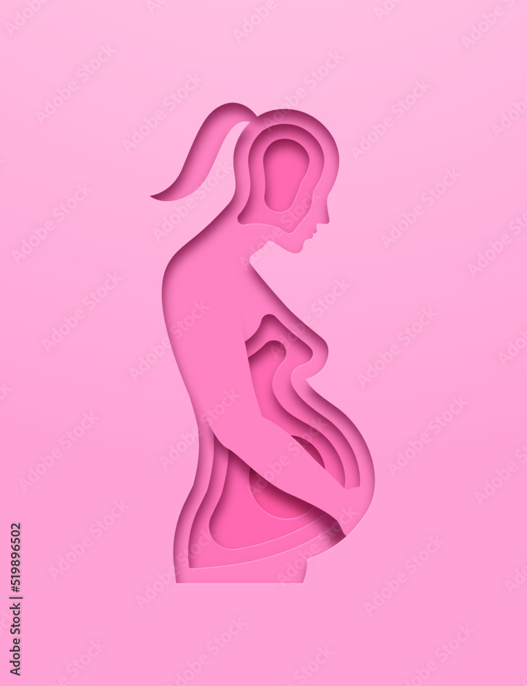 Realistic paper cut pregnant woman with baby fetus growing inside. New mother expecting child. Pink 3D papercut female silhouette illustration for motherhood or medical pregnancy concept. Realistic paper cut pregnant woman with baby fetus growing inside. New mother expecting child. Pink 3D papercut female silhouette illustration for motherhood or medical pregnancy concept.