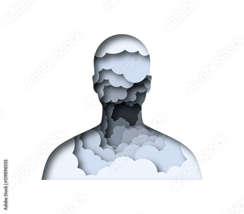 Realistic 3D paper cut man head with black smoke inside. Papercut people silhouette illustration on isolated background for toxic pollution air, bad smoker health or depression feeling concept.