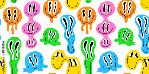 Funny melting smiling happy face colorful cartoon seamless pattern. Retro psychedelic drug effect smile icon background texture. Trendy character doodle wallpaper.