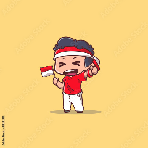 vector illustration of a cute boy holding an Indonesian flag with the powerful spirit