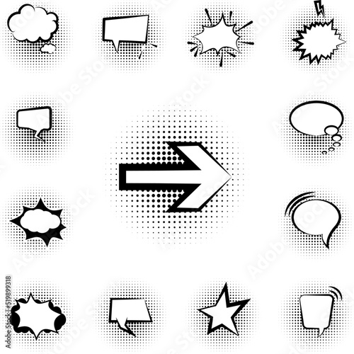 pop art, speech bubble, arrow icon in a collection with other items